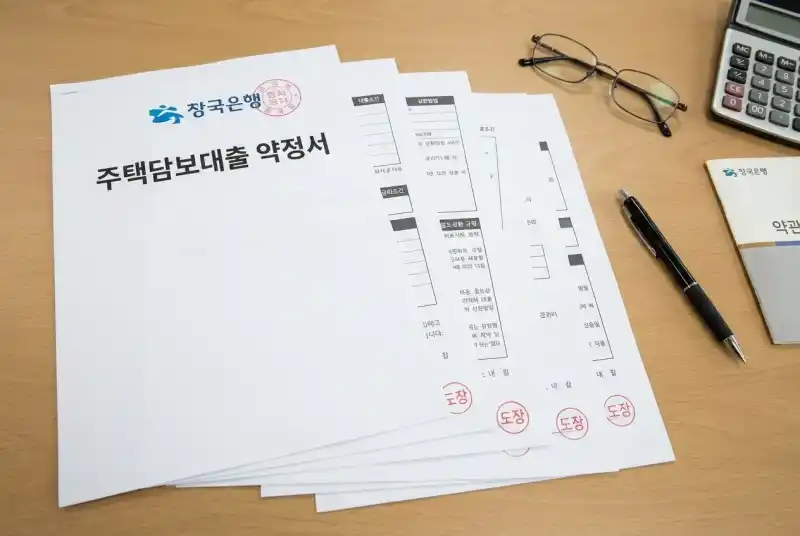 주택담보대출 약정서와 계약 서류가 놓인 책상