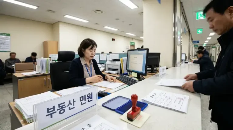 구청 민원실 카운터 - '부동산 민원' 표지판 + '접수증' 문서가 보이는 현실감 있는 공공기관 장면