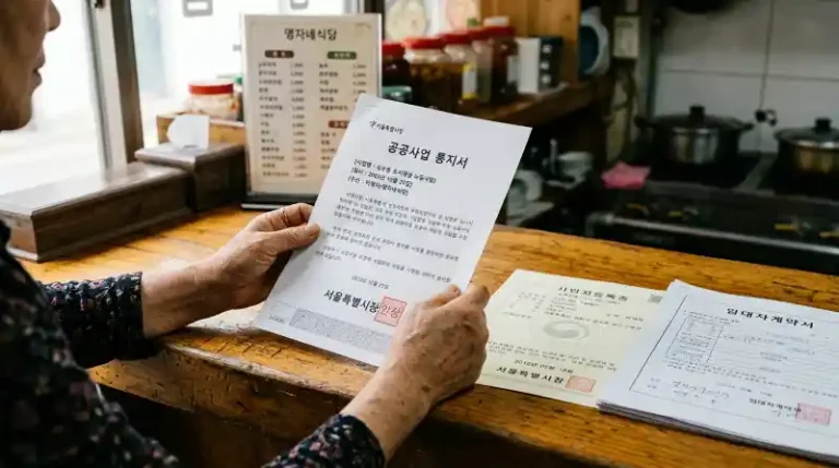 공익사업 수용 통지서를 들고 있는 자영업자의 손과 가게 카운터 위 사업자등록증·임대차계약서가 함께 놓인 모습
