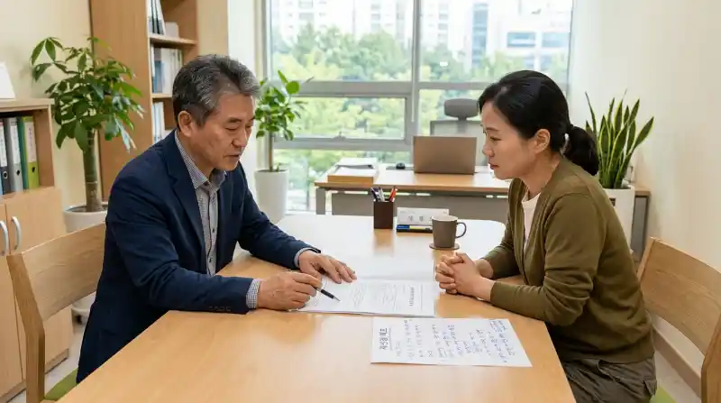농지취득자격 반려 통지서를 검토하며 재신청 메모를 작성하는 상담 장면 