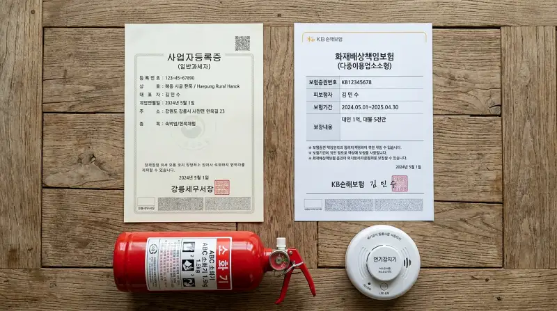  민박 사업자등록증과 안전장비 플랫레이