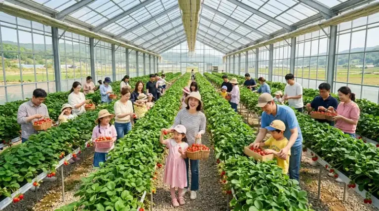 밝고 따뜻한 봄철 한국 체험농장의 모습이에요.