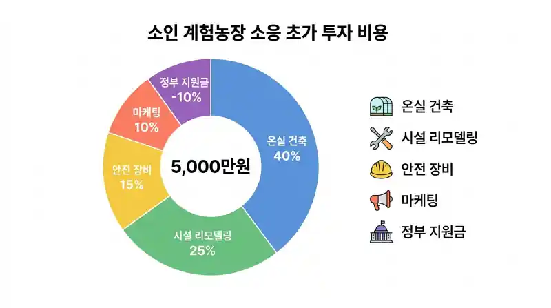 소규모 한국 체험농장의 초기 투자 비용 분석을 보여주는 모던 미니멀 파이 차트예요.