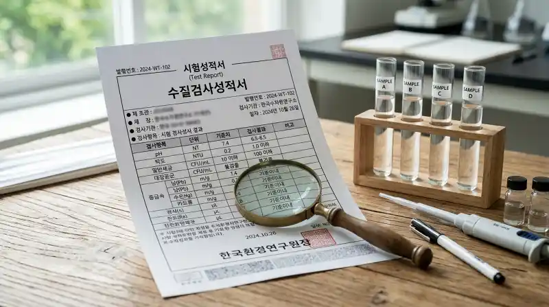 책상 위의 '수질검사성적서' 공식 문서와 시험관, 돋보기가 함께 있는 클로즈업 사진
