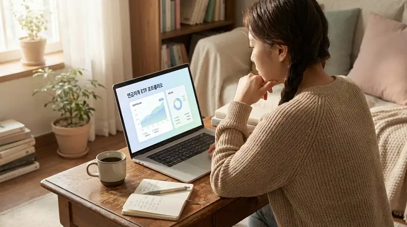 책상에서 ETF 투자 화면을 보는 감성적인 라이프스타일 사진