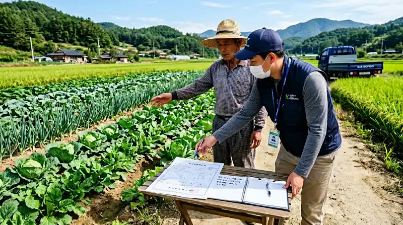 토지이용확인서를 들고 농지 현장에서 실제 경작 현황을 점검하는 컨설턴트