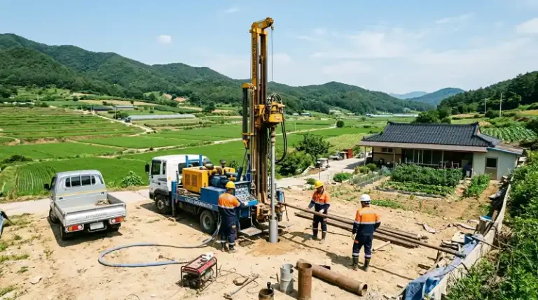 한국 시골 주택부지에서 작동 중인 지하수 시추 장비의 광각 사진