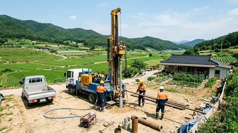 한국 시골 주택부지에서 작동 중인 지하수 시추 장비의 광각 사진