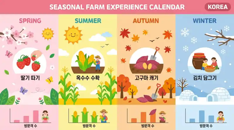 한국 체험농장의 사계절 프로그램을 보여주는 시즌별 캘린더 레이아웃이에요.