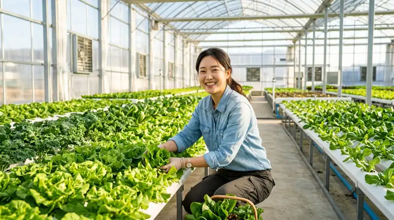 현대적 온실 농업 장면