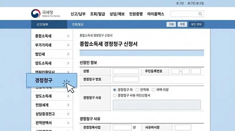 홈택스 경정청구 메뉴 선택 화면