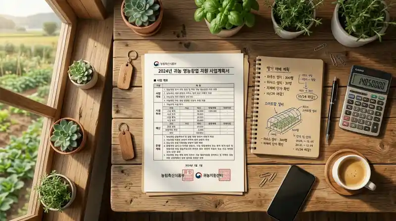귀농창업 사업계획서 작성 중인 책상 (탑다운 뷰)