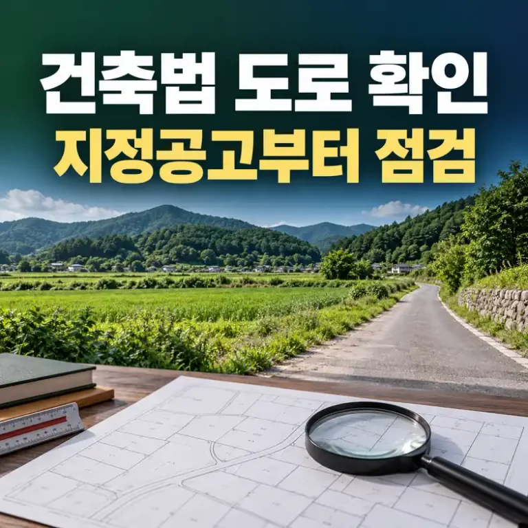 건축법 도로 지정 여부 확인을 표현한 농촌 진입도로와 토지 도면, 돋보기