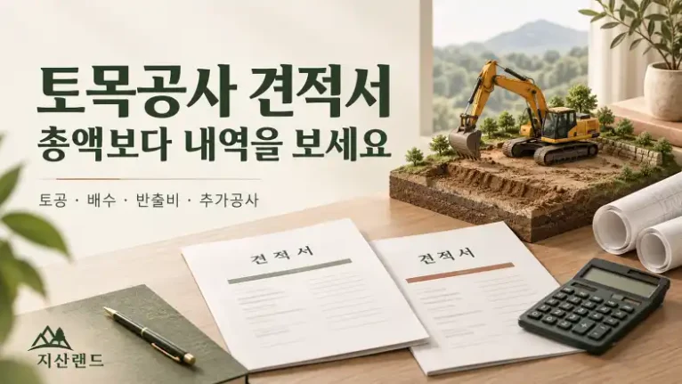 토지 토목공사 견적서의 토공·배수·반출비·추가공사 항목을 비교하는 굴착기와 설계도 이미지