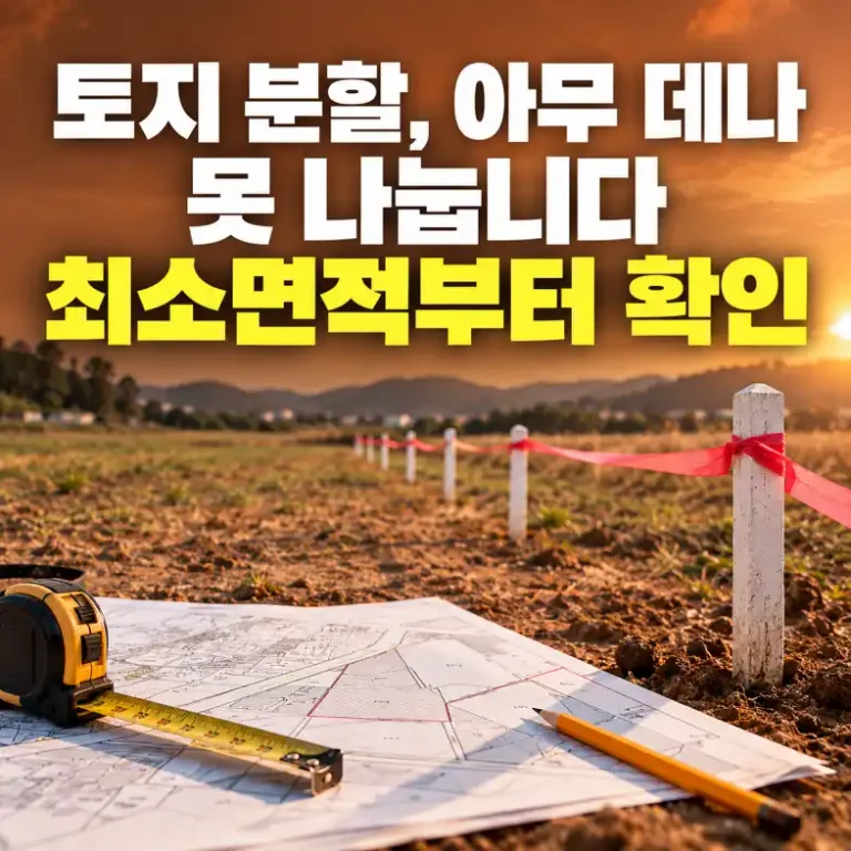 토지 분할 허가를 위해 농지에 측량 말뚝과 경계 리본을 설치하고 지적도로 필지를 확인하는 모습