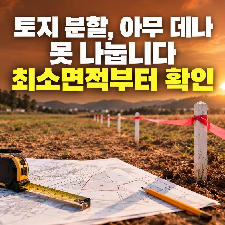 토지 분할 허가를 위해 농지에 측량 말뚝과 경계 리본을 설치하고 지적도로 필지를 확인하는 모습