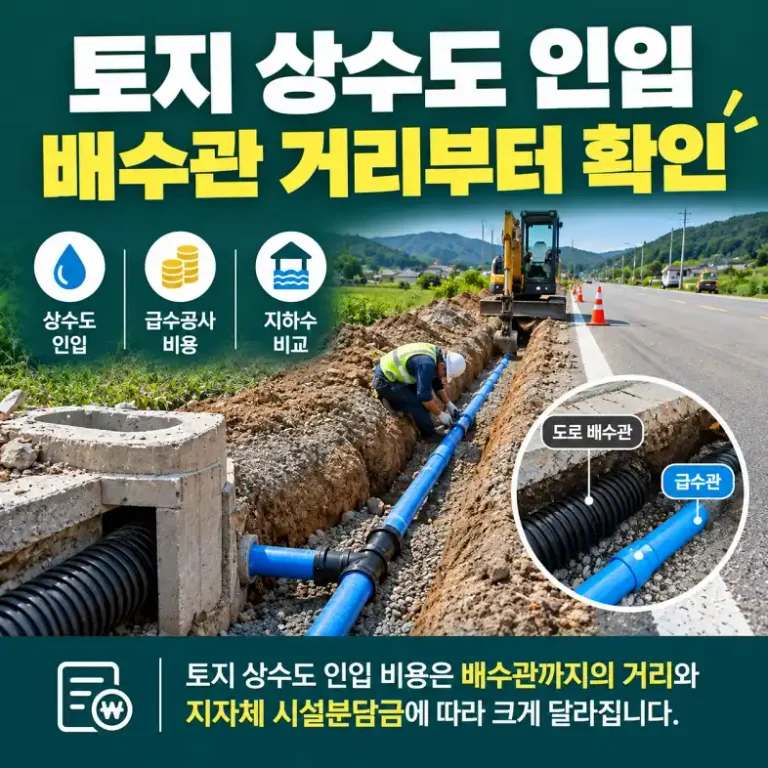 토지 상수도 인입을 위해 도로 배수관에서 급수관을 매설하는 공사 현장