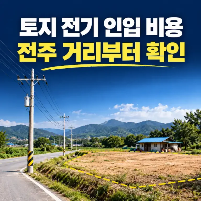 토지 전기 인입 비용을 좌우하는 빈 땅 앞 전주와 저압 전선이 이어진 시골 도로