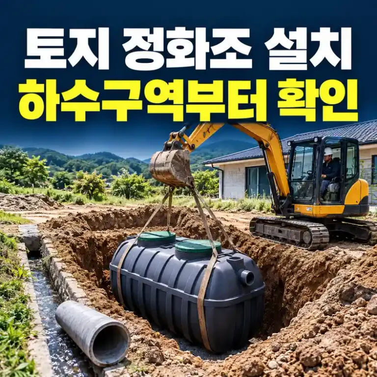 토지 정화조 설치를 위해 전원주택 부지에 정화조 본체를 매설하는 공사 현장