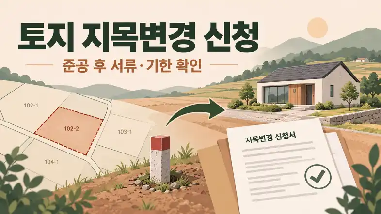 토지 공사 준공 후 지목변경 신청서와 필지 경계를 확인하는 이미지