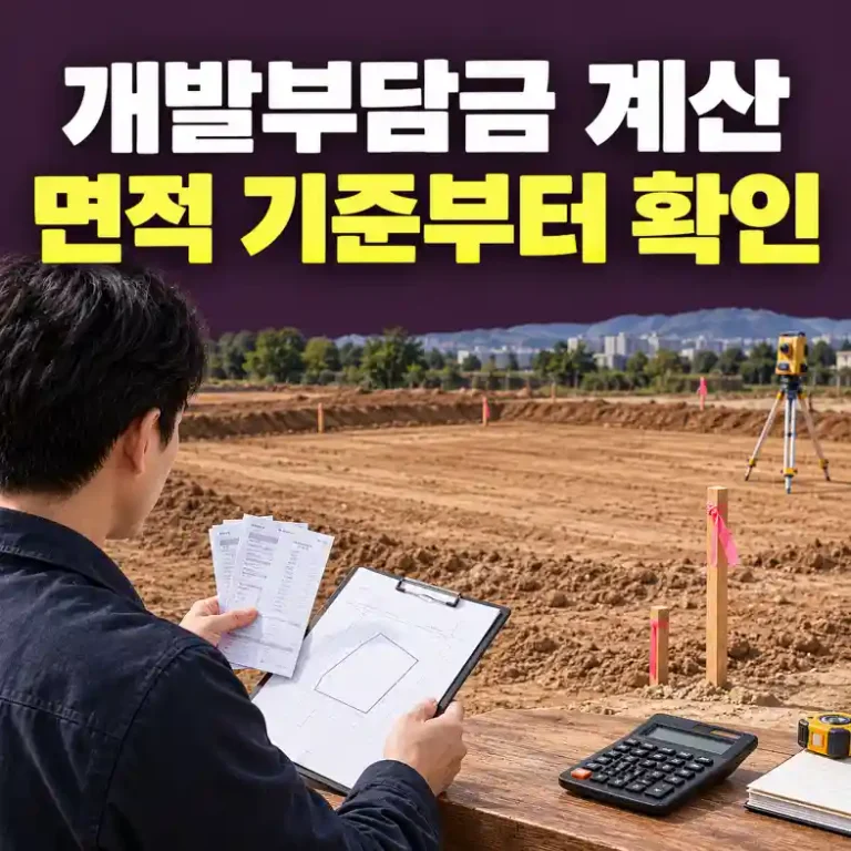 개발부담금 계산을 위해 조성이 끝난 토지 앞에서 공시지가와 공사비 영수증을 대조하는 토지주
