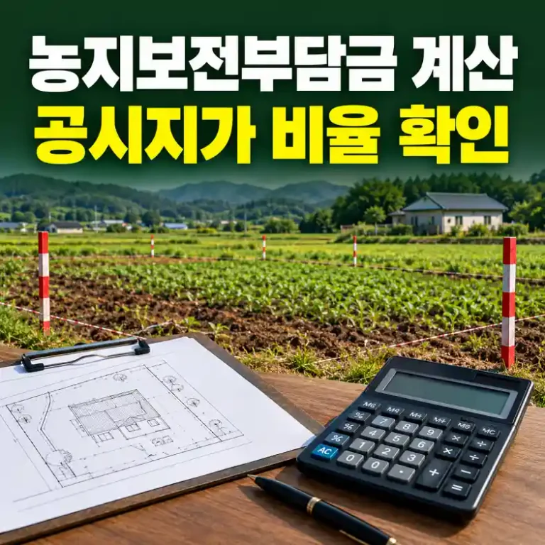농지보전부담금 계산을 위해 전원주택 부지 농지의 공시지가와 전용 면적을 계산기로 확인하는 토지 매수자
