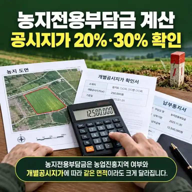 농지전용부담금 계산을 위해 농지 도면과 개별공시지가 자료를 계산기로 확인하는 토지 소유자