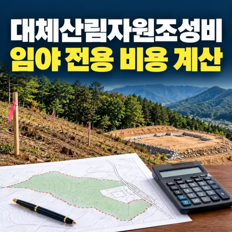 대체산림자원조성비를 계산하려고 임야 전용 부지 앞에서 토지 도면과 공시지가를 확인하는 토지 소유자