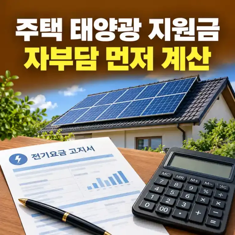주택 태양광 지원금으로 단독주택 지붕에 3kW 태양광 패널을 설치한 모습과 전기요금 고지서