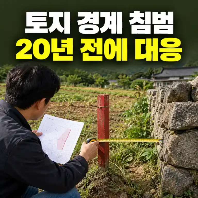 토지 경계 침범 여부를 확인하려고 경계 말뚝과 이웃 담장 사이 거리를 줄자로 재는 토지 소유자