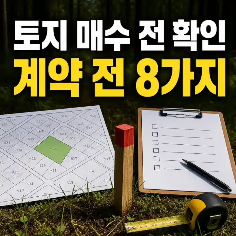 토지 매수 전 확인 — 지적도와 체크리스트, 경계 말뚝과 줄자로 8가지 항목을 점검하는 장면