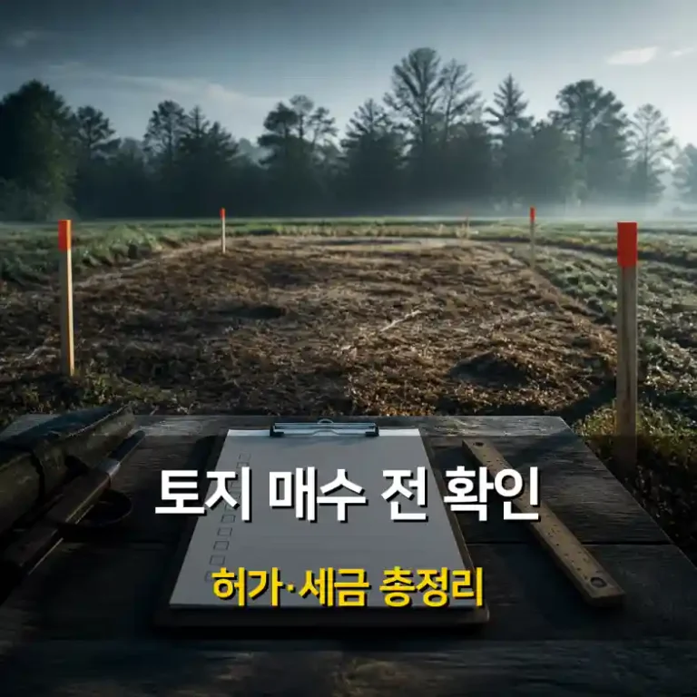 토지 경계 표시 막대와 클립보드가 놓인 토지 위 "토지 매수 전 확인" 안내 이미지