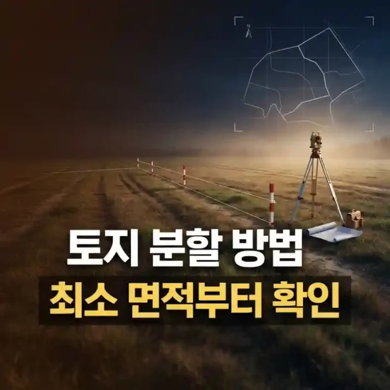 토지 분할 방법에 따라 측량 장비와 경계 말뚝으로 필지를 나누는 분할측량 현장