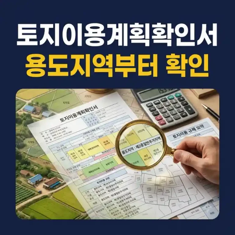 토지이용계획확인서 보는 법을 익히기 위해 확인도면과 용도지역 항목을 돋보기로 살펴보는 모습